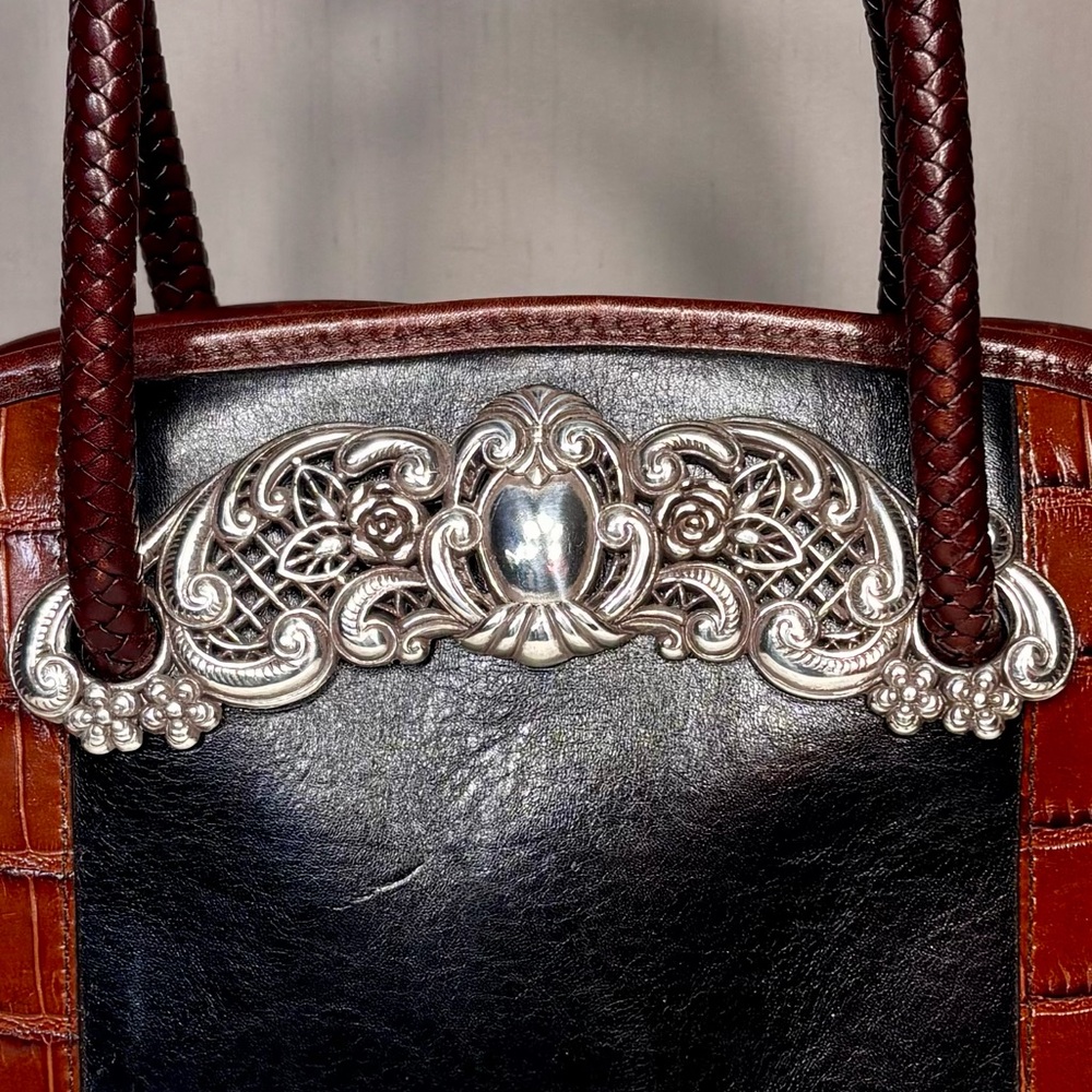 BRIGHTON Black & Brown Leather Satchel w/Silver Filigree - Picture 2 of 8